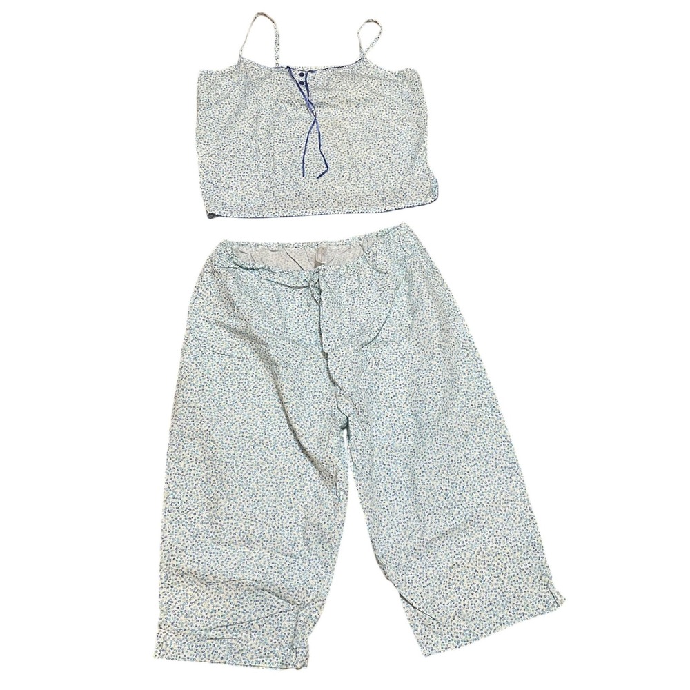 French Dressing Women L Blue Ditsy Floral Cotton Pajama Set Camisole Capri Pants